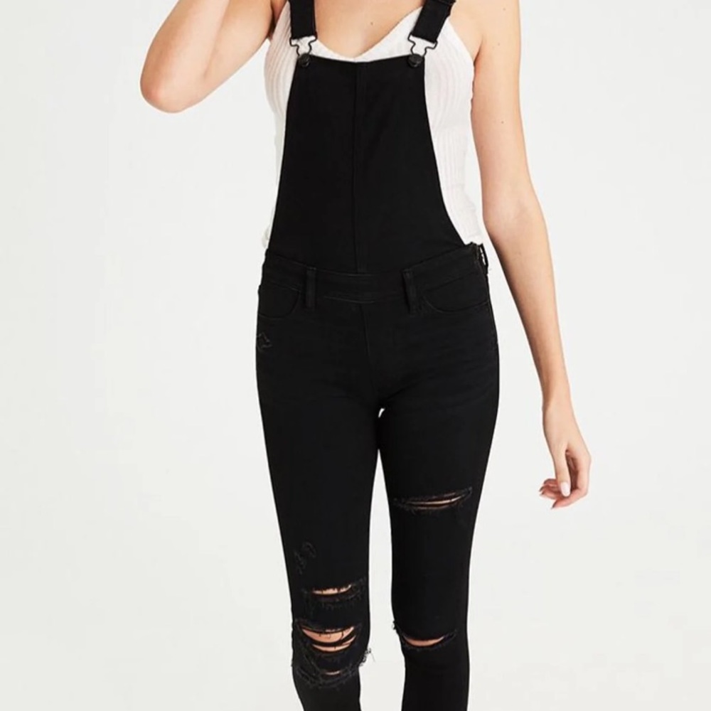 American eagle black destroyed overall skinny